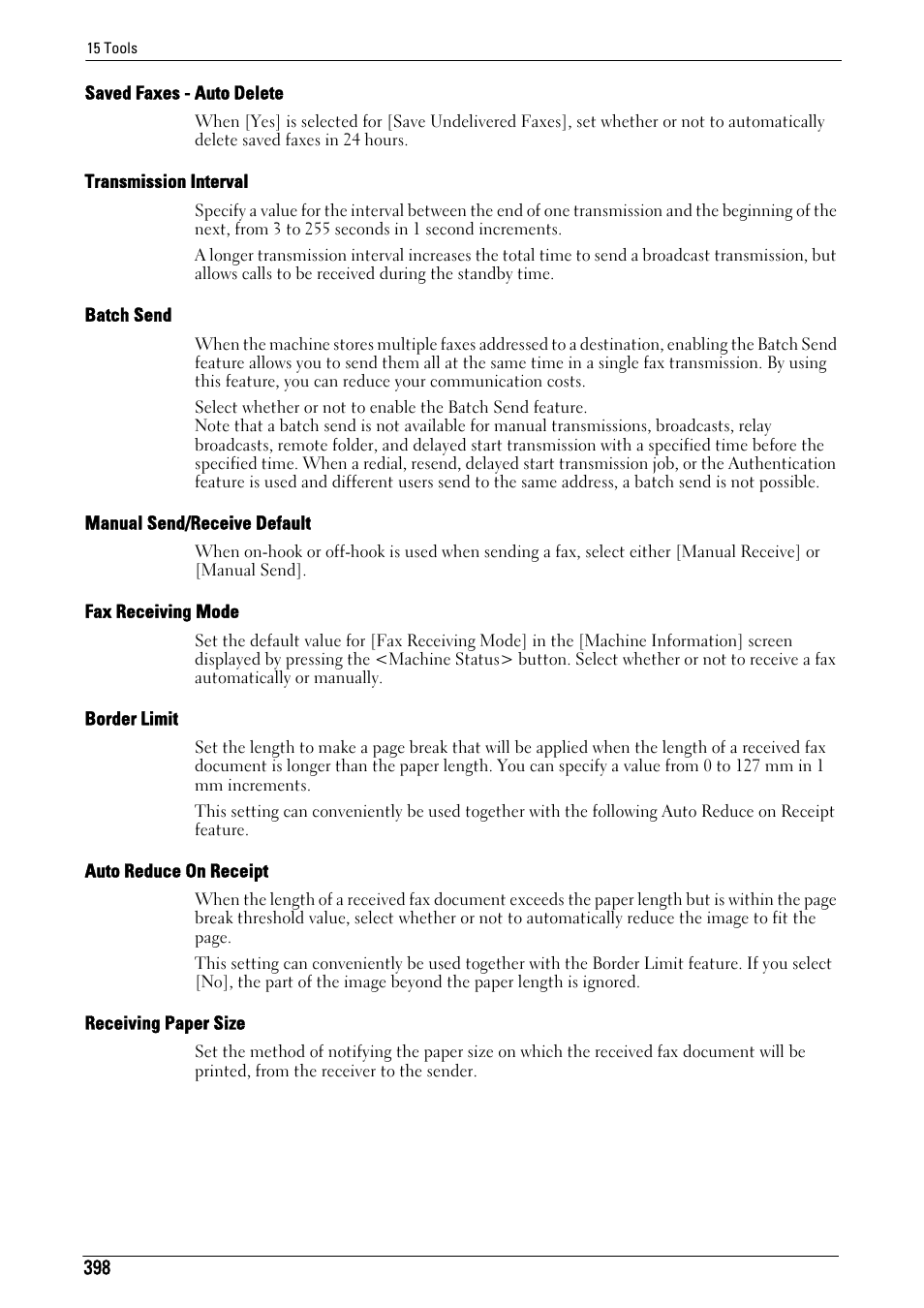 Saved faxes - auto delete" (p.398), Transmission interval" (p.398), Batch send" (p.398) | Manual send/receive default" (p.398), Fax receiving mode" (p.398), Border limit" (p.398), Auto reduce on receipt" (p.398), Receiving paper size" (p.398) | Dell C7765DN MFP Color Laser Printer User Manual | Page 398 / 831