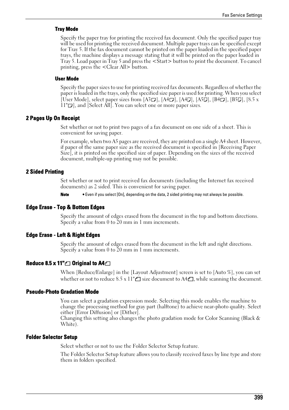 2 sided printing" (p.399), Edge erase - top & bottom edges" (p.399), Edge erase - left & right edges" (p.399) | P.399), Pseudo-photo gradation mode" (p.399), Folder selector setup" (p.399) | Dell C7765DN MFP Color Laser Printer User Manual | Page 399 / 831