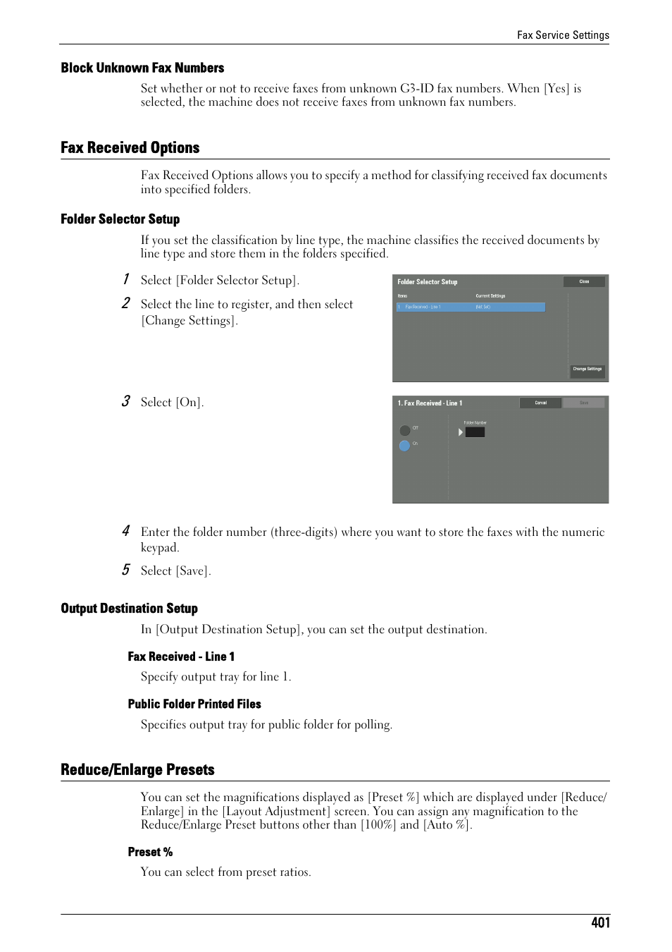 Fax received options, Reduce/enlarge presets, Fax received options reduce/enlarge presets | Block unknown fax numbers" (p.401), Fax received options" (p.401), Folder selector setup" (p.401), Output destination setup" (p.401), Reduce/enlarge presets" (p.401) | Dell C7765DN MFP Color Laser Printer User Manual | Page 401 / 831