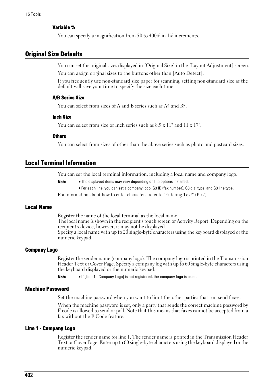 Original size defaults, Local terminal information, Original size defaults local terminal information | Original size defaults" (p.402), Local terminal information" (p.402), Local name" (p.402), Company logo" (p.402), Machine password" (p.402), Line 1 - company logo" (p.402) | Dell C7765DN MFP Color Laser Printer User Manual | Page 402 / 831