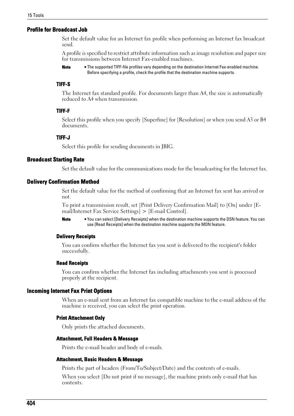 Profile for broadcast job" (p.404), Broadcast starting rate" (p.404), Delivery confirmation method" (p.404) | Incoming internet fax print options" (p.404) | Dell C7765DN MFP Color Laser Printer User Manual | Page 404 / 831