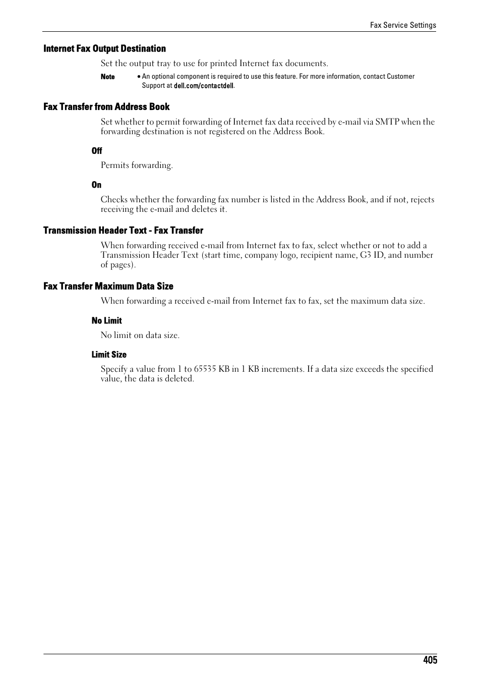 Internet fax output destination" (p.405), Fax transfer from address book" (p.405), Transmission header text - fax transfer" (p.405) | Fax transfer maximum data size" (p.405) | Dell C7765DN MFP Color Laser Printer User Manual | Page 405 / 831