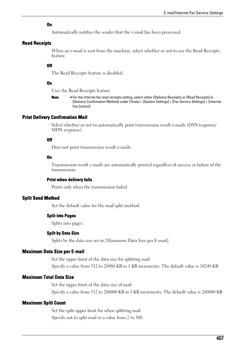 Read receipts" (p.407), Print delivery confirmation mail" (p.407), Split send method" (p.407) | Maximum data size per e-mail" (p.407), Maximum total data size" (p.407), Maximum split count" (p.407) | Dell C7765DN MFP Color Laser Printer User Manual | Page 407 / 831