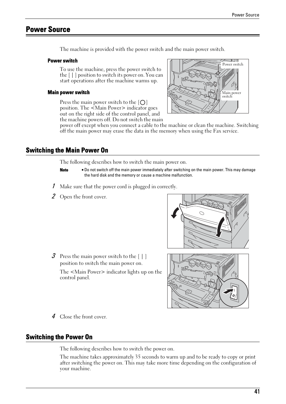 Power source, Switching the main power on, Switching the power on | Switching the main power on switching the power on | Dell C7765DN MFP Color Laser Printer User Manual | Page 41 / 831