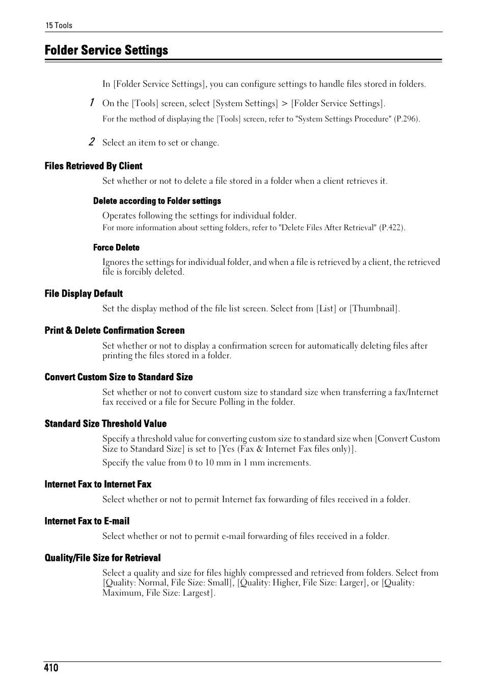 Folder service settings, To "folder service settings" (p.410), Folder service settings" (p.410) | Files retrieved by client" (p.410), File display default" (p.410), Print & delete confirmation screen" (p.410), Convert custom size to standard size" (p.410), Standard size threshold value" (p.410), Internet fax to internet fax" (p.410), Internet fax to e-mail" (p.410) | Dell C7765DN MFP Color Laser Printer User Manual | Page 410 / 831
