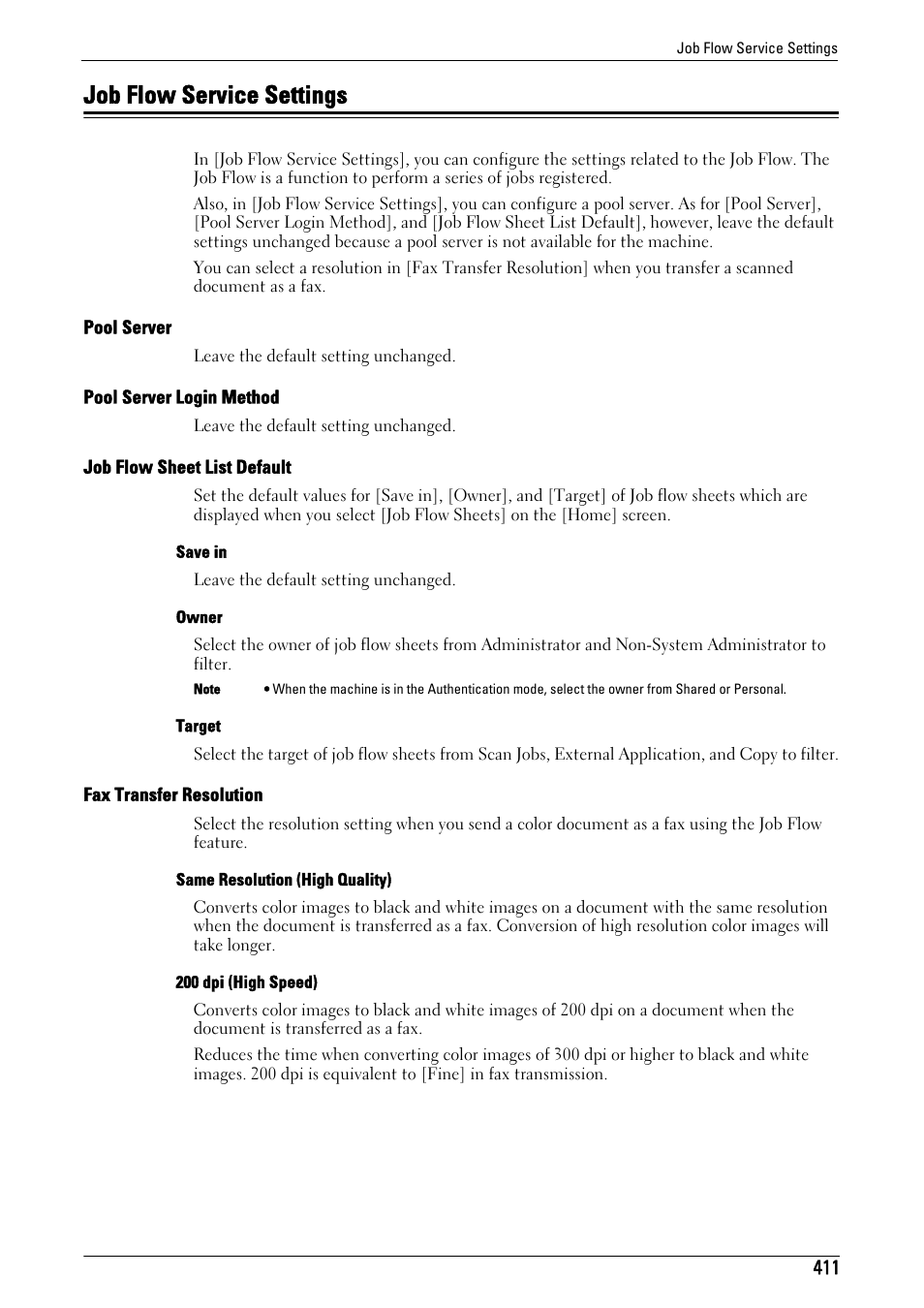 Job flow service settings, R to "job flow service settings" (p.411), Job flow service settings" (p.411) | Pool server" (p.411), Pool server login method" (p.411), Job flow sheet list default" (p.411), Fax transfer resolution" (p.411) | Dell C7765DN MFP Color Laser Printer User Manual | Page 411 / 831