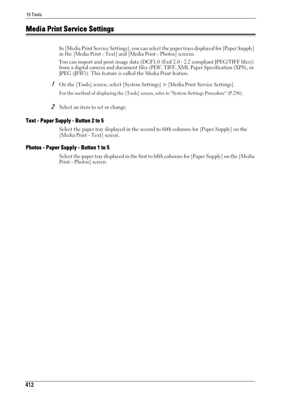Media print service settings, R to "media print service settings" (p.412), Media print service settings" (p.412) | Text - paper supply - button 2 to 5" (p.412), Photos - paper supply - button 1 to 5" (p.412) | Dell C7765DN MFP Color Laser Printer User Manual | Page 412 / 831
