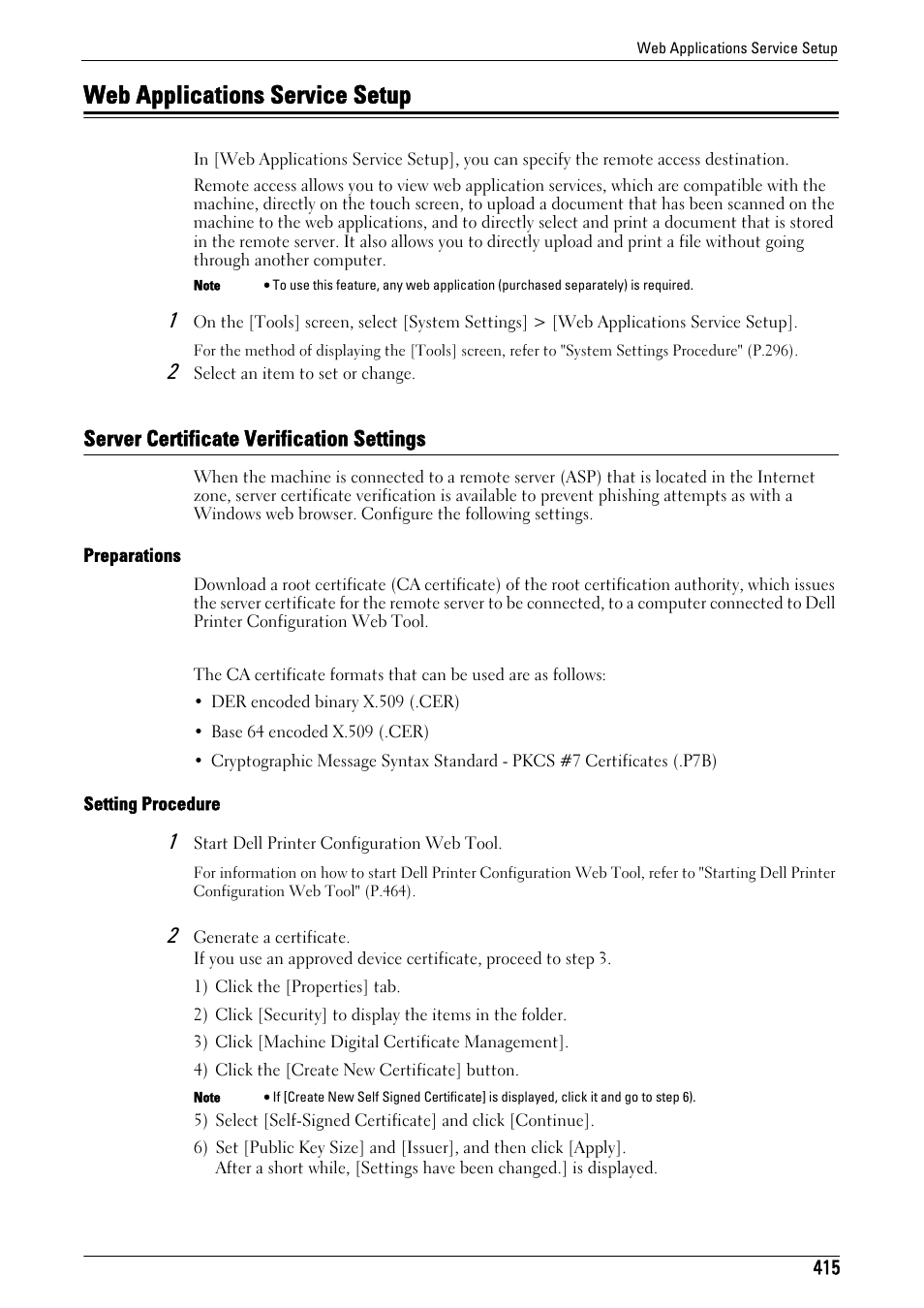 Web applications service setup, Server certificate verification settings, Web applications service setup" (p.415) | Dell C7765DN MFP Color Laser Printer User Manual | Page 415 / 831