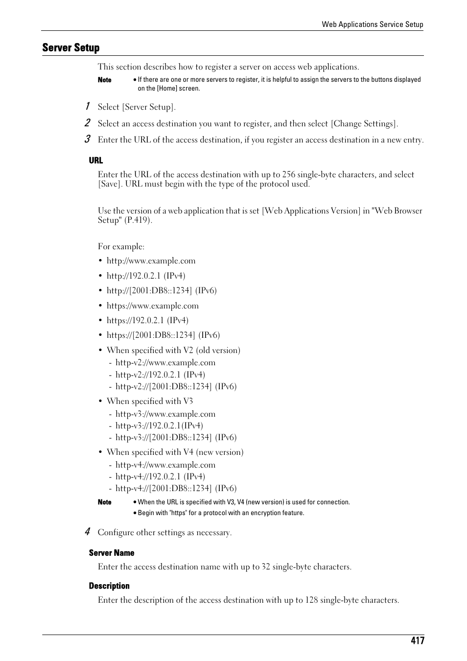 Server setup, Server setup" (p.417), Url" (p.417) | Server name" (p.417), Description" (p.417) | Dell C7765DN MFP Color Laser Printer User Manual | Page 417 / 831