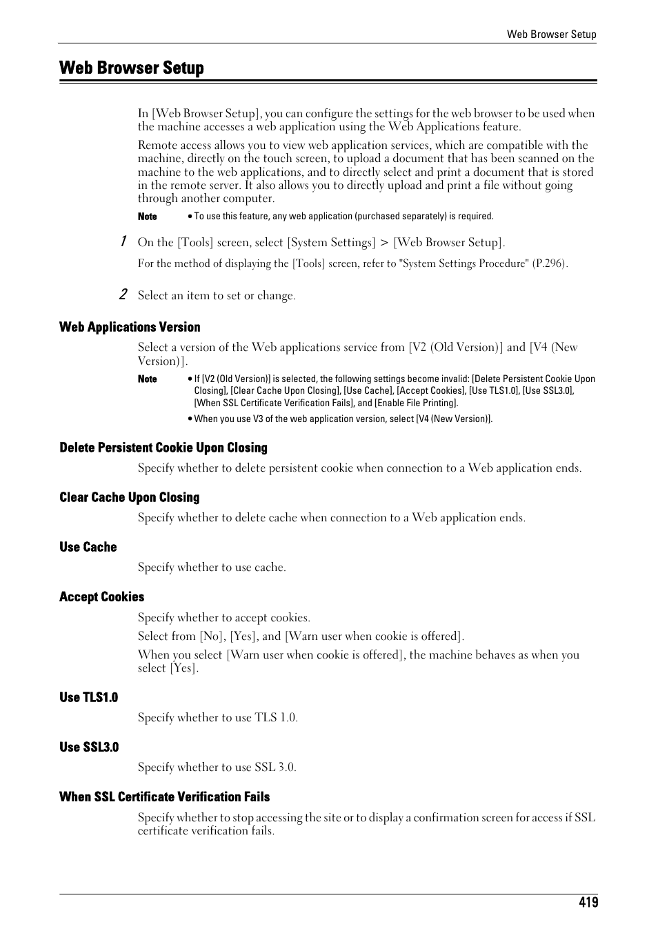 Web browser setup, Web browser setup" (p.419), Web applications version" (p.419) | Delete persistent cookie upon closing" (p.419), Clear cache upon closing" (p.419), Use cache" (p.419), Accept cookies" (p.419), Use tls1.0" (p.419), Use ssl3.0" (p.419), When ssl certificate verification fails" (p.419) | Dell C7765DN MFP Color Laser Printer User Manual | Page 419 / 831