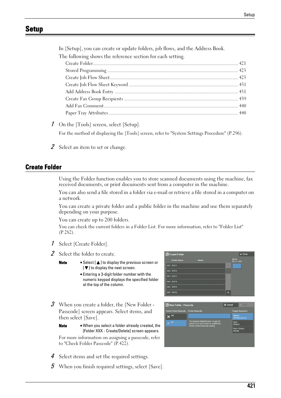 Setup, Create folder, R to "setup" (p.421) | Create folder" (p.421) | Dell C7765DN MFP Color Laser Printer User Manual | Page 421 / 831