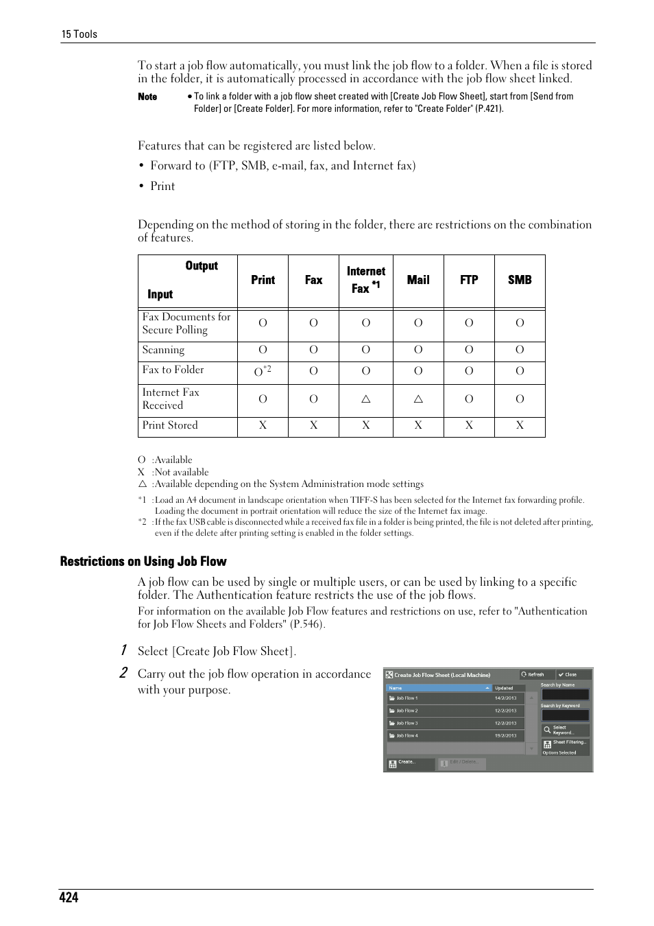 Restrictions on using job flow" (p.424), Restrictions on using job flow | Dell C7765DN MFP Color Laser Printer User Manual | Page 424 / 831