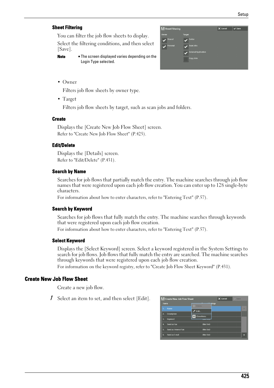 Create new job flow sheet" (p.425) | Dell C7765DN MFP Color Laser Printer User Manual | Page 425 / 831