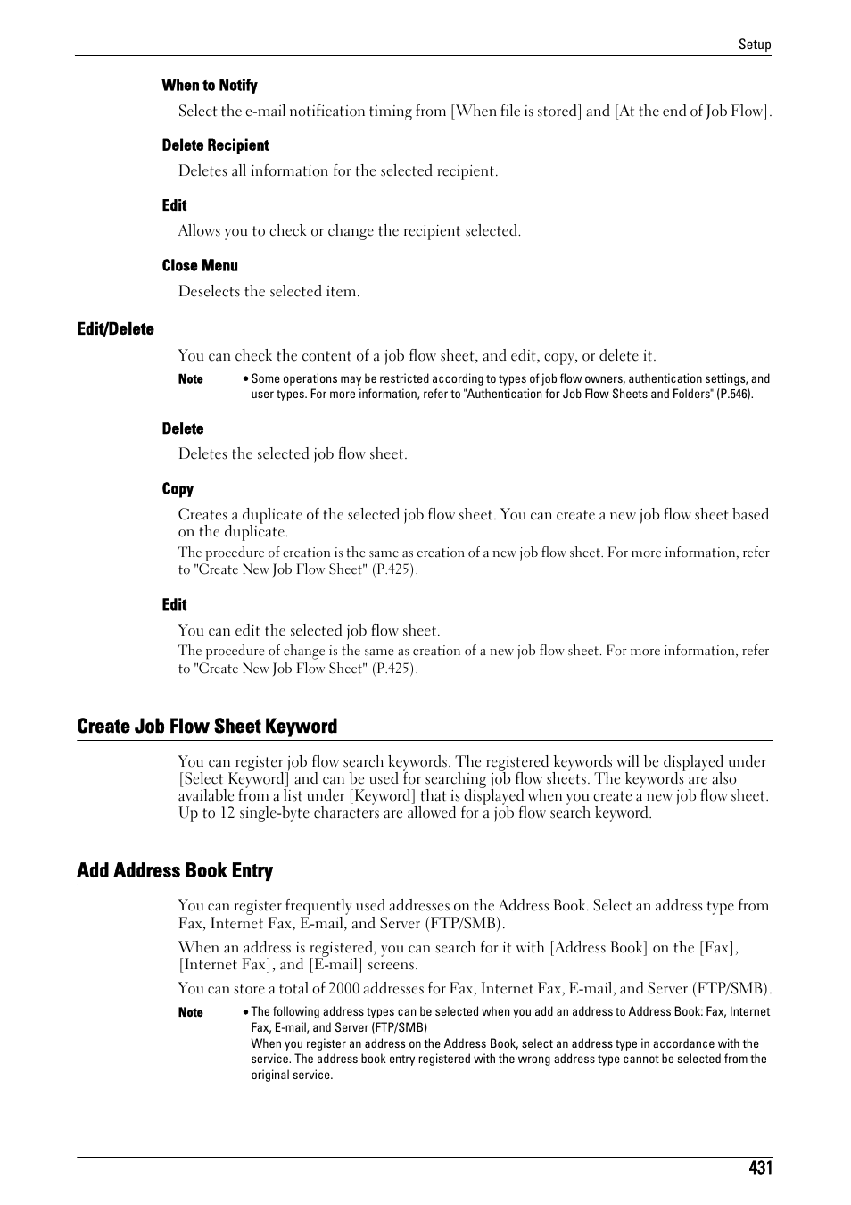 Create job flow sheet keyword, Add address book entry, Edit/delete" (p.431) | Create job flow sheet keyword" (p.431), Add address book entry" (p.431), Refer to "add address book entry" (p.431) | Dell C7765DN MFP Color Laser Printer User Manual | Page 431 / 831
