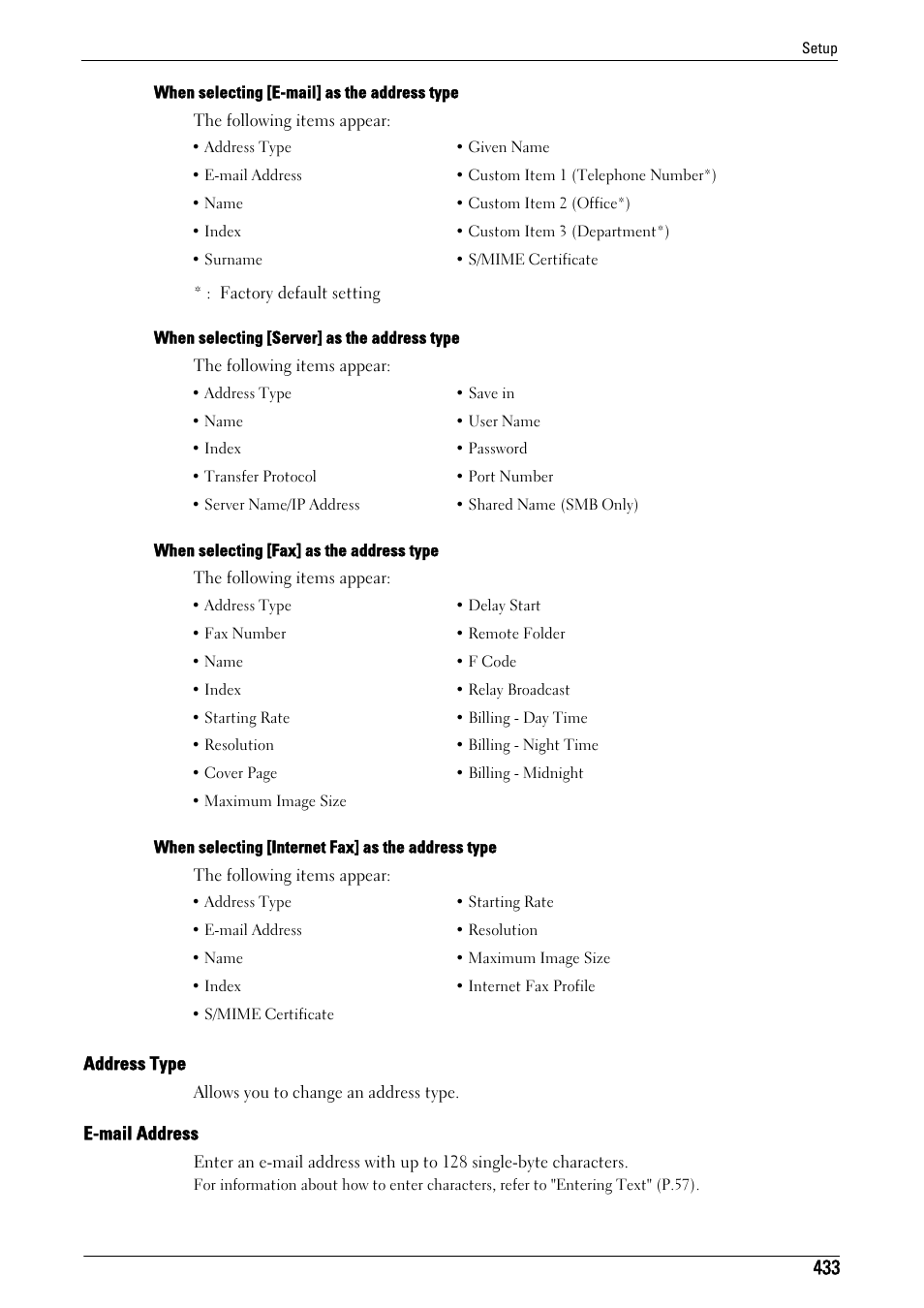 Address type" (p.433), E-mail address" (p.433) | Dell C7765DN MFP Color Laser Printer User Manual | Page 433 / 831