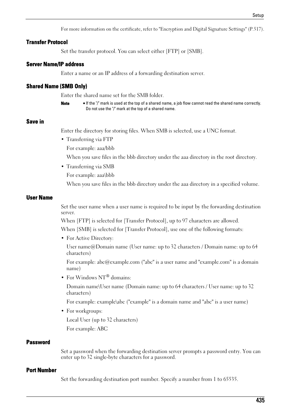 Transfer protocol" (p.435), Server name/ip address" (p.435), Shared name (smb only)" (p.435) | Save in" (p.435), User name" (p.435), Password" (p.435), Port number" (p.435) | Dell C7765DN MFP Color Laser Printer User Manual | Page 435 / 831