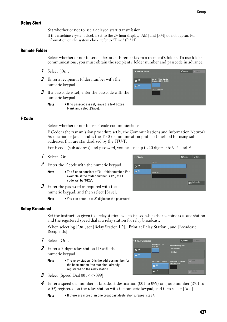 Delay start" (p.437), Remote folder" (p.437), F code" (p.437) | Relay broadcast" (p.437) | Dell C7765DN MFP Color Laser Printer User Manual | Page 437 / 831