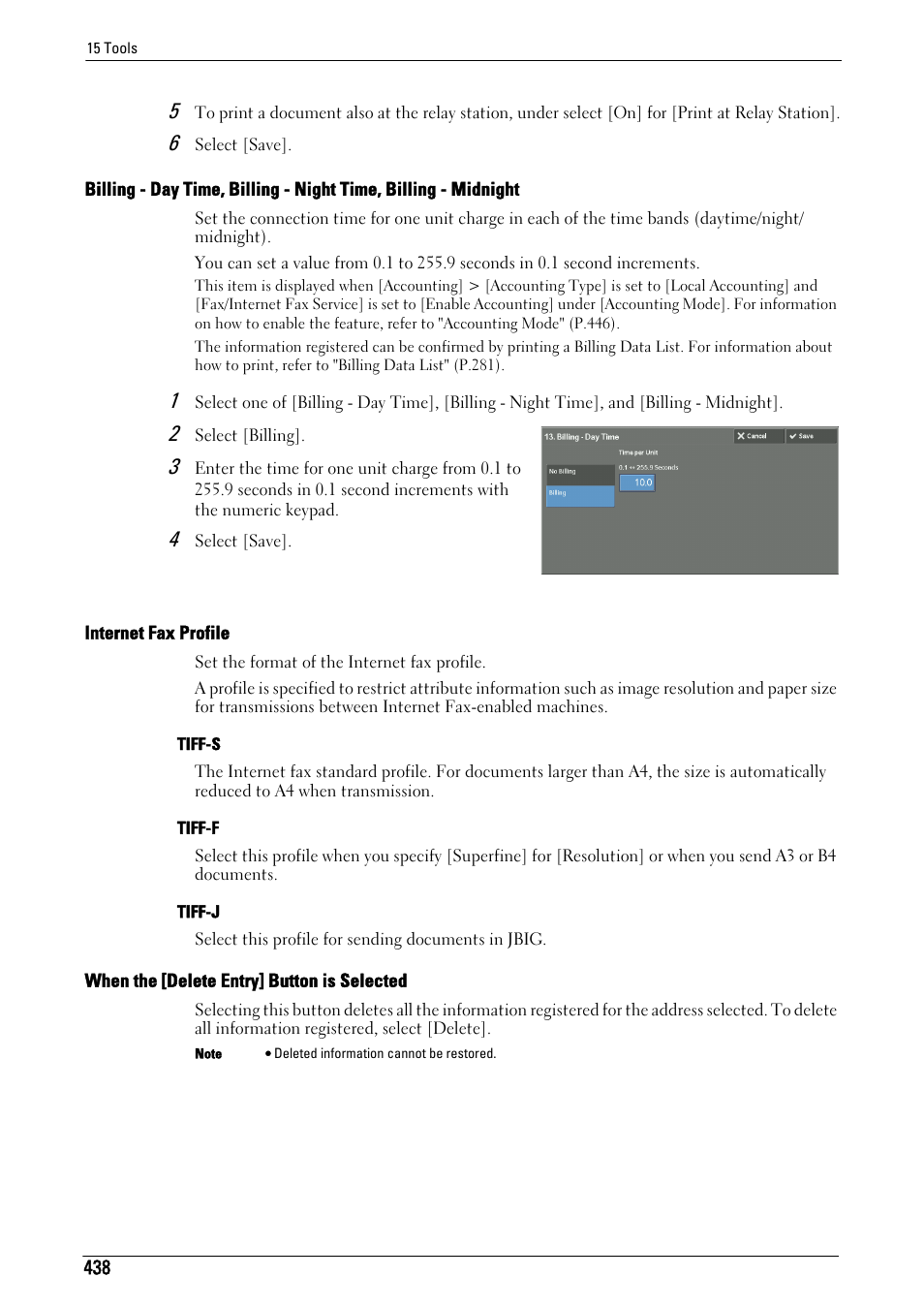 Billing - day time, billing - night time, billing, Midnight" (p.438), Internet fax profile" (p.438) | When the [delete entry] button is selected, P.438) | Dell C7765DN MFP Color Laser Printer User Manual | Page 438 / 831