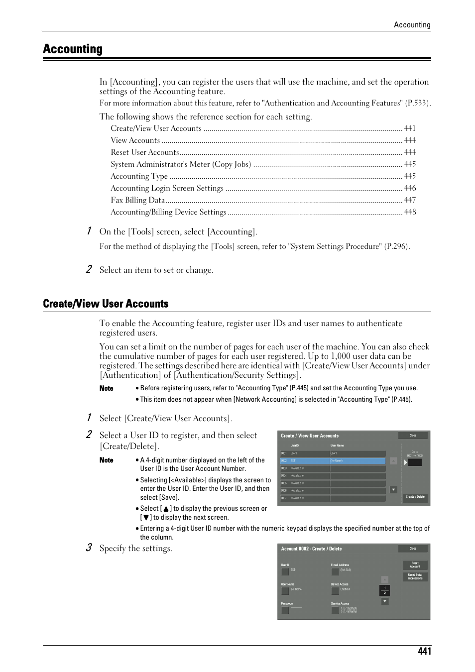 Accounting, Create/view user accounts, To "create/view user | Accounts" (p.441), R to "accounting" (p.441), Create/view user accounts" (p.441) | Dell C7765DN MFP Color Laser Printer User Manual | Page 441 / 831