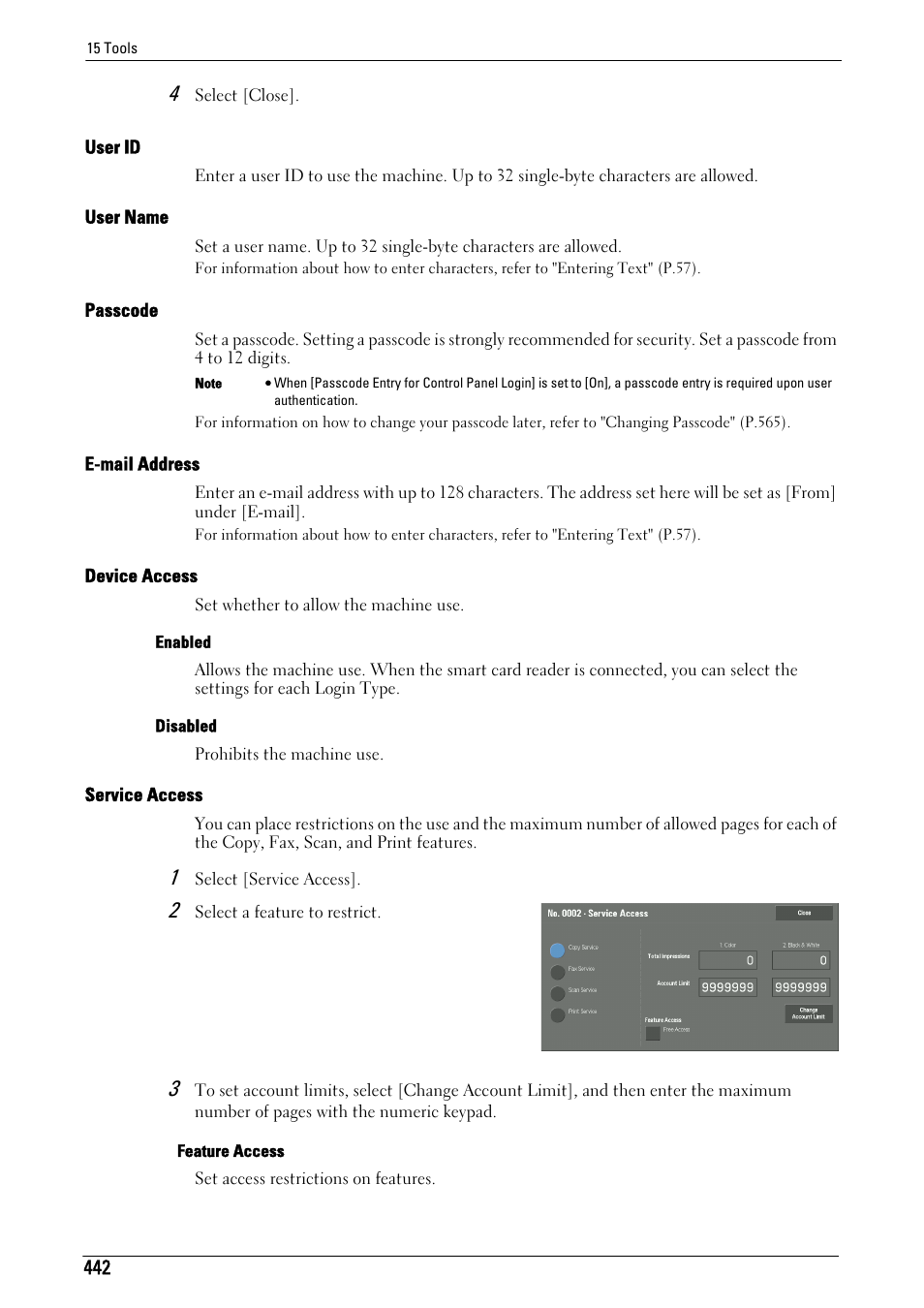 User id" (p.442), User name" (p.442), Passcode" (p.442) | E-mail address" (p.442), Device access" (p.442), Service access" (p.442) | Dell C7765DN MFP Color Laser Printer User Manual | Page 442 / 831