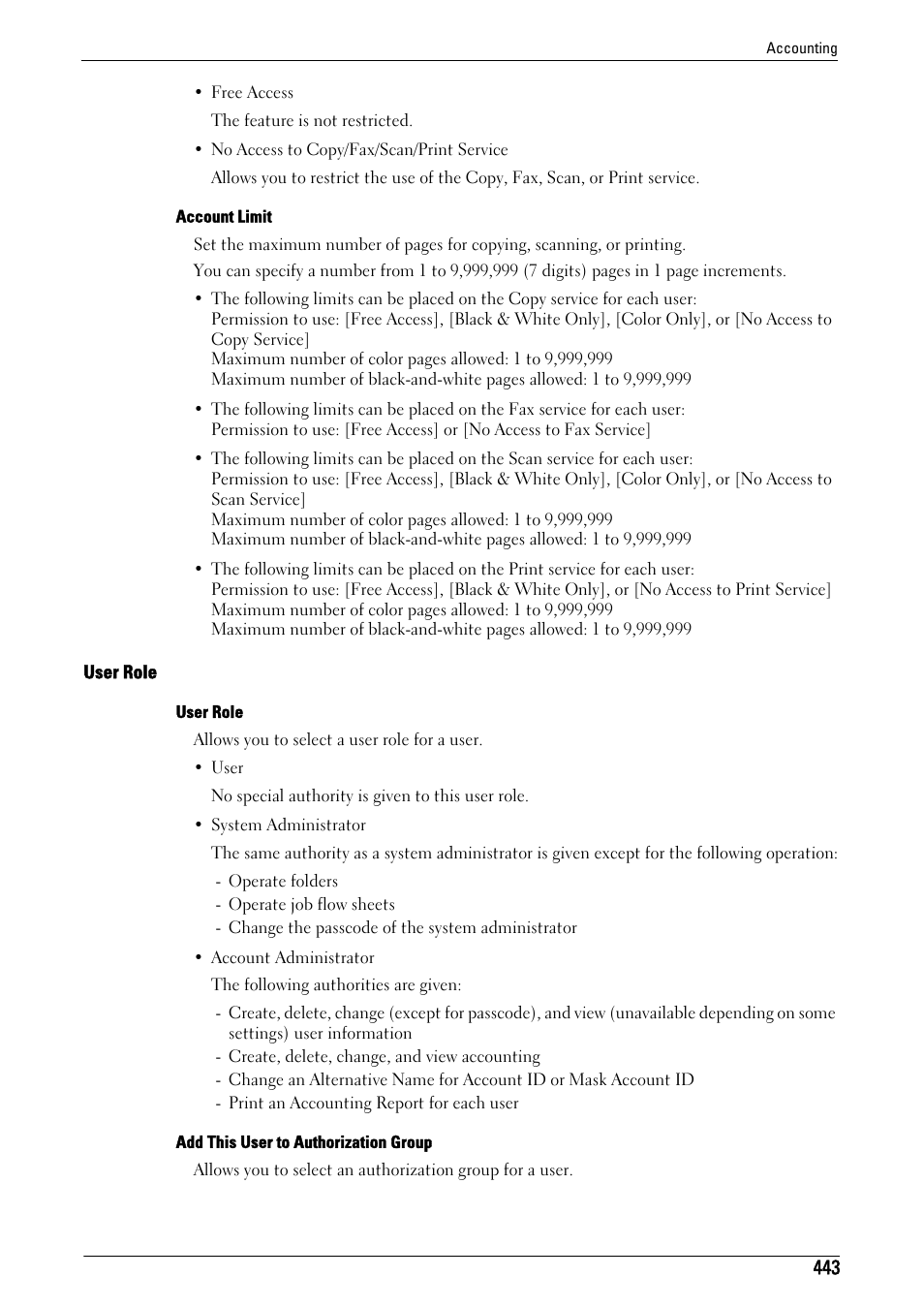 Refer to "account limit" (p.443), User role" (p.443) | Dell C7765DN MFP Color Laser Printer User Manual | Page 443 / 831