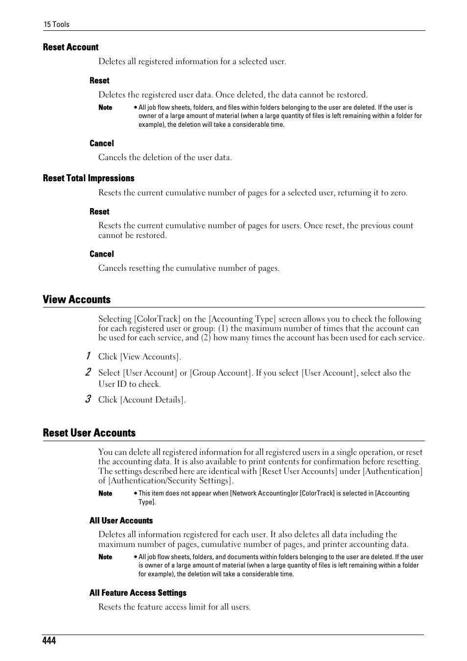 View accounts, Reset user accounts, View accounts reset user accounts | Reset account" (p.444), Reset total impressions" (p.444), View accounts" (p.444), Reset user accounts" (p.444) | Dell C7765DN MFP Color Laser Printer User Manual | Page 444 / 831