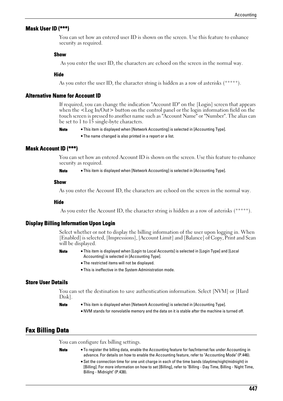 Fax billing data, Mask user id (***)" (p.447), Alternative name for account id" (p.447) | Mask account id (***)" (p.447), Display billing information upon login" (p.447), Store user details" (p.447), Fax billing data" (p.447) | Dell C7765DN MFP Color Laser Printer User Manual | Page 447 / 831