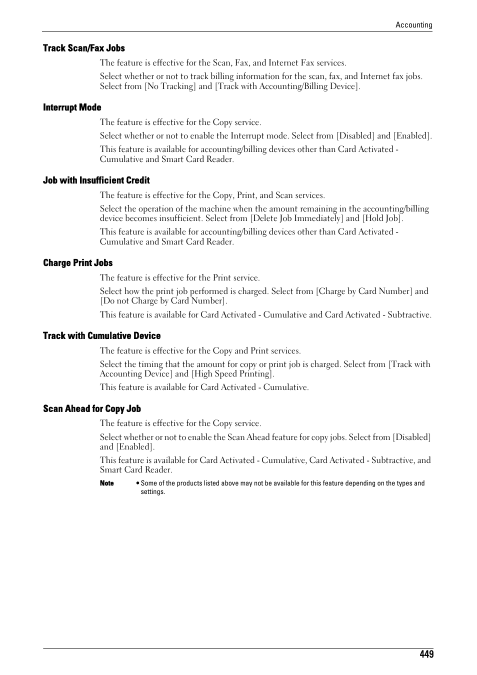 Track scan/fax jobs" (p.449), Interrupt mode" (p.449), Job with insufficient credit" (p.449) | Charge print jobs" (p.449), Track with cumulative device" (p.449), Scan ahead for copy job" (p.449) | Dell C7765DN MFP Color Laser Printer User Manual | Page 449 / 831