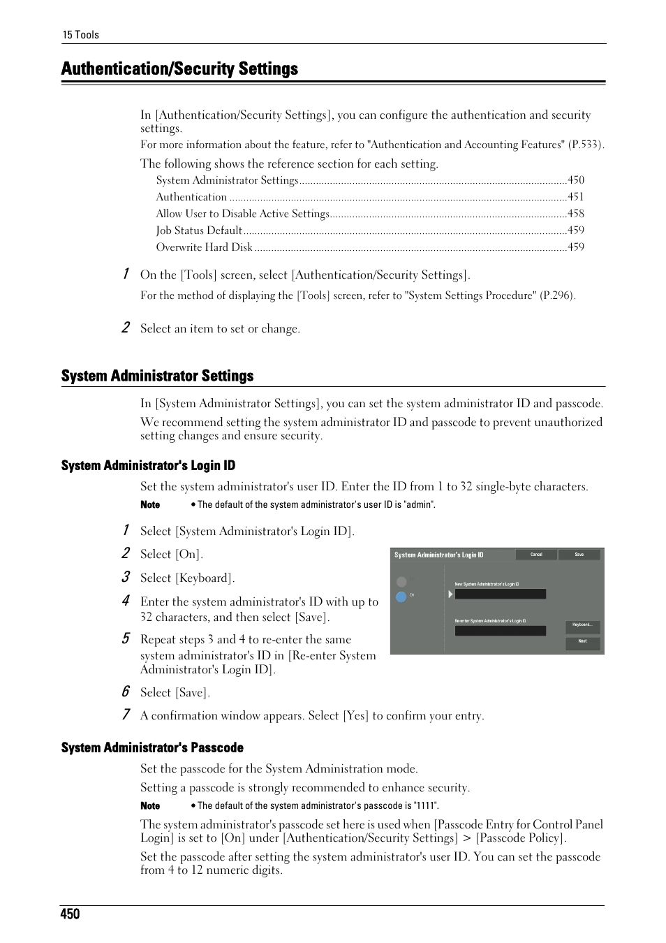 Authentication/security settings, System administrator settings, To