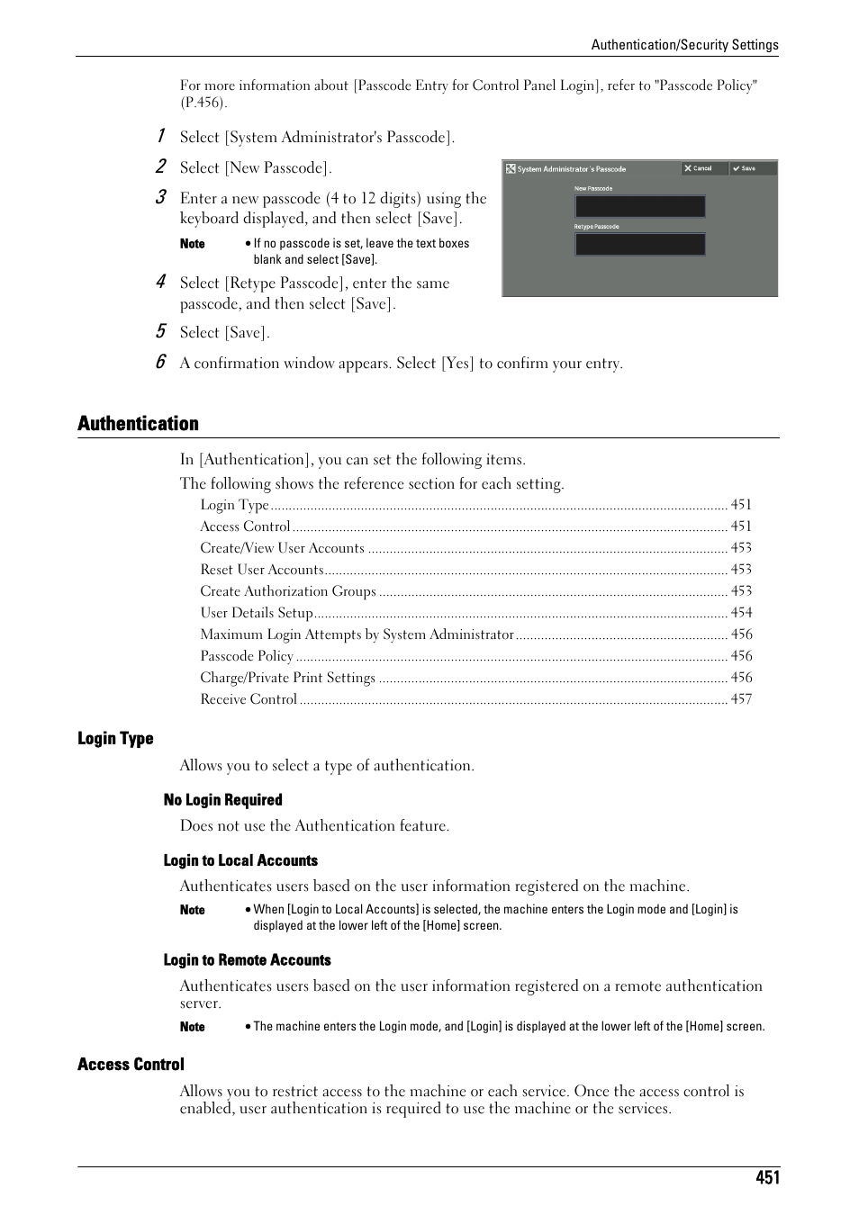 Authentication, Authentication" (p.451), Login type" (p.451) | Access control" (p.451) | Dell C7765DN MFP Color Laser Printer User Manual | Page 451 / 831