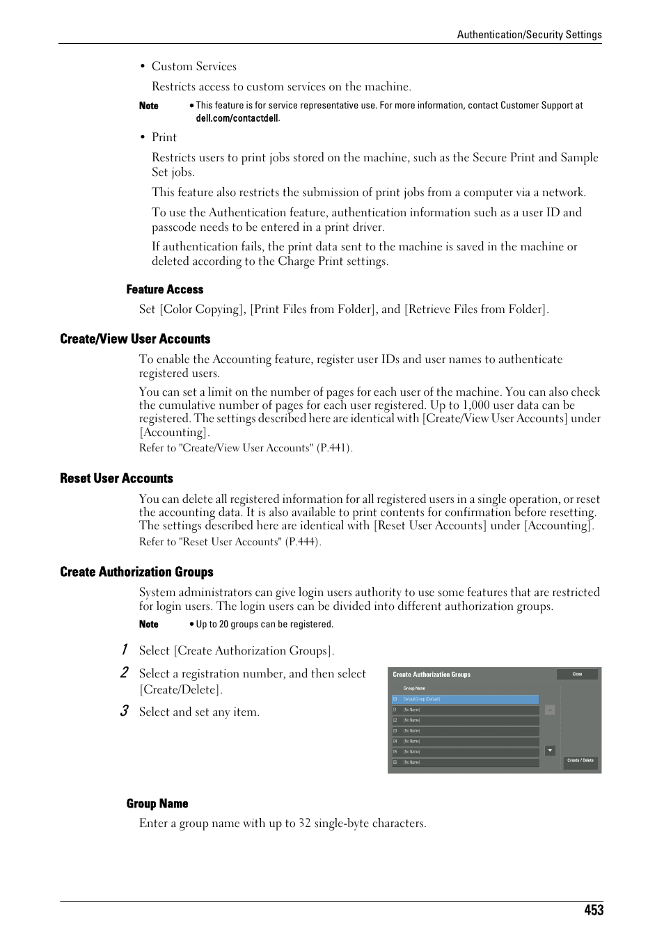 Create/view user accounts" (p.453), Reset user accounts" (p.453), Create authorization groups" (p.453) | Dell C7765DN MFP Color Laser Printer User Manual | Page 453 / 831