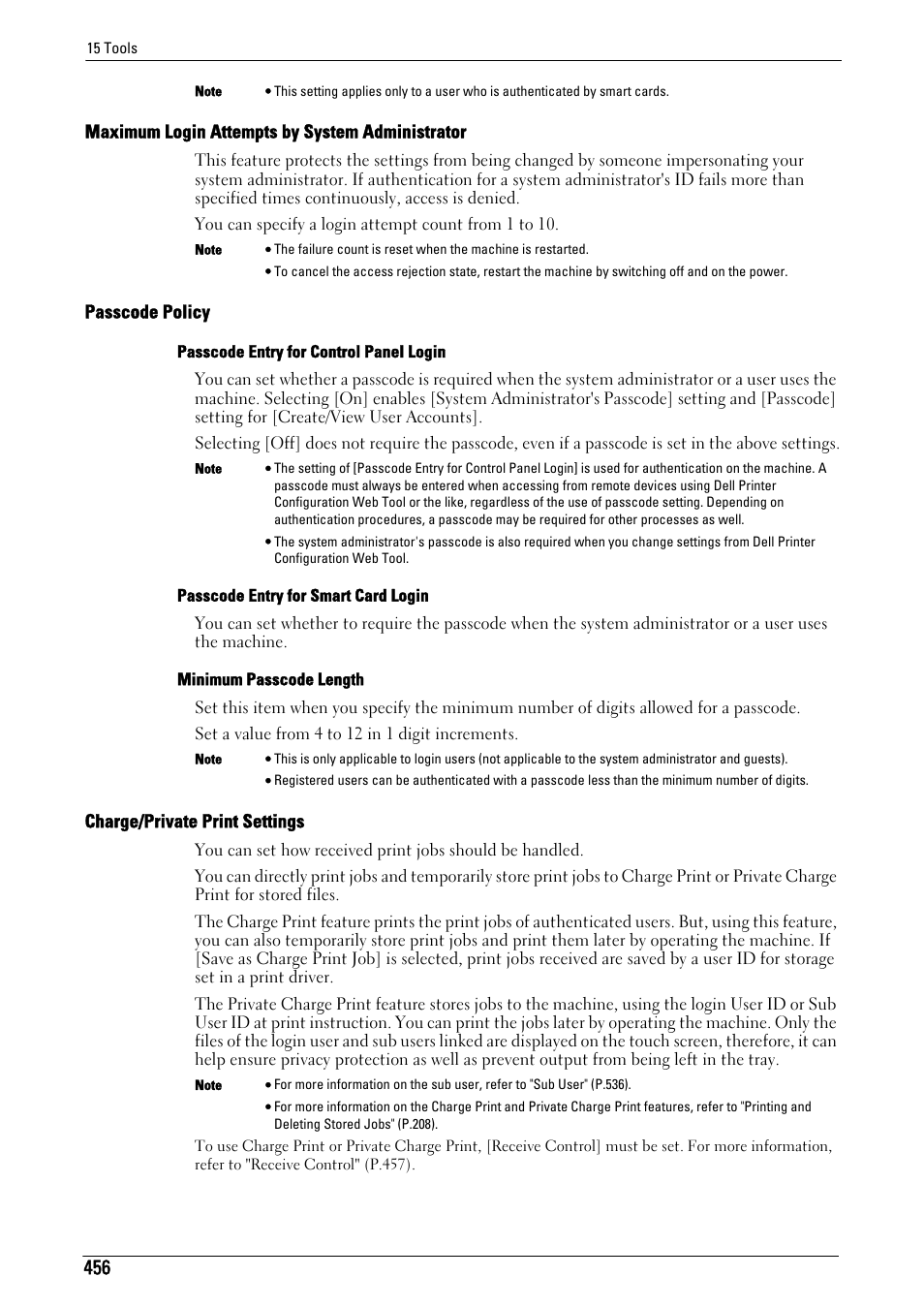 Charge/private print settings" (p.456), Maximum login attempts by system, Administrator" (p.456) | Passcode policy" (p.456), R to "passcode policy, P.456) | Dell C7765DN MFP Color Laser Printer User Manual | Page 456 / 831