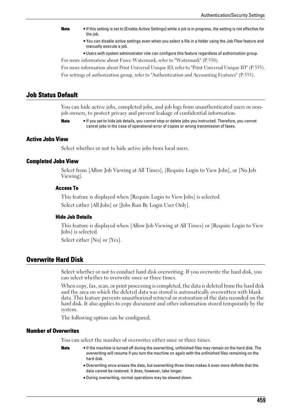 Job status default, Overwrite hard disk, Job status default overwrite hard disk | Fer to "overwrite hard disk" (p.459), Job status default" (p.459), Active jobs view" (p.459), Completed jobs view" (p.459), Overwrite hard disk" (p.459), Number of overwrites" (p.459) | Dell C7765DN MFP Color Laser Printer User Manual | Page 459 / 831