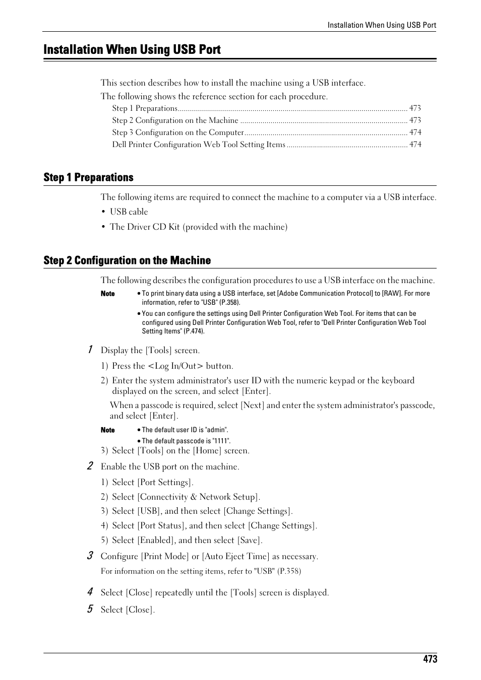 Installation when using usb port, Step 1 preparations, Step 2 configuration on the machine | R to "installation, When using usb port" (p.473) | Dell C7765DN MFP Color Laser Printer User Manual | Page 473 / 831