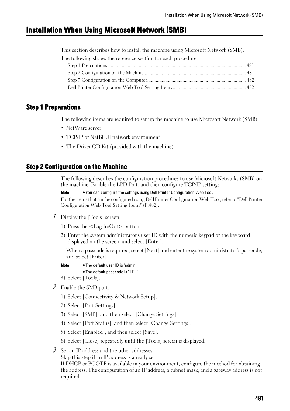 Installation when using microsoft network (smb), Step 1 preparations, Step 2 configuration on the machine | R to "installation when using, Microsoft network (smb)" (p.481) | Dell C7765DN MFP Color Laser Printer User Manual | Page 481 / 831