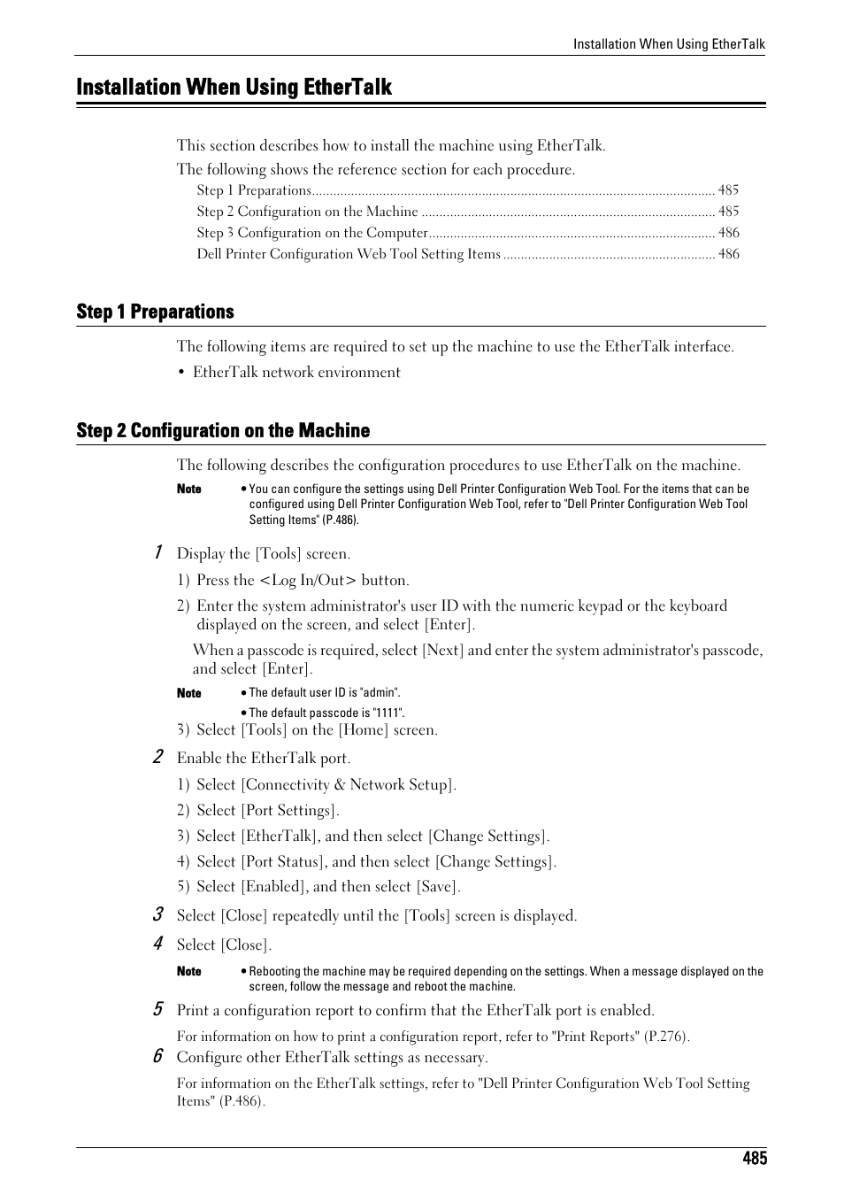 Installation when using ethertalk, Step 1 preparations, Step 2 configuration on the machine | To "installation when, Using ethertalk" (p.485) | Dell C7765DN MFP Color Laser Printer User Manual | Page 485 / 831