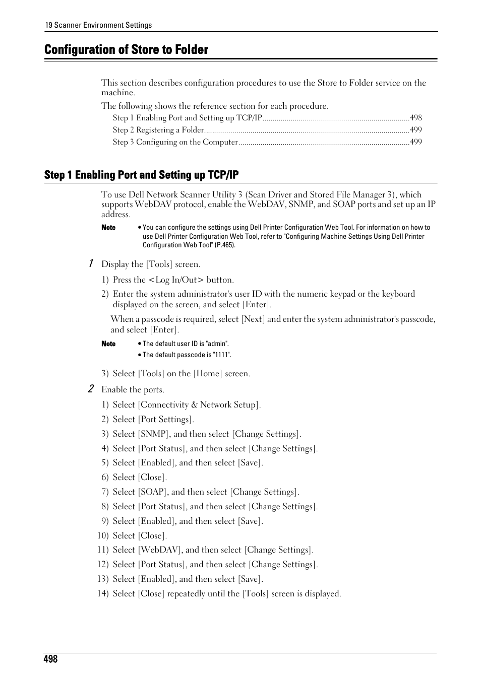 Configuration of store to folder, Step 1 enabling port and setting up tcp/ip, R to "configuration of store to folder" (p.498) | Dell C7765DN MFP Color Laser Printer User Manual | Page 498 / 831