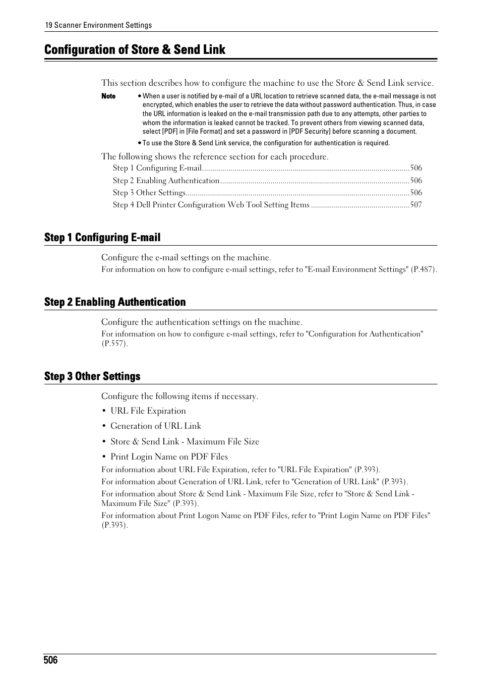 Configuration of store & send link, Step 1 configuring e-mail, Step 2 enabling authentication | Step 3 other settings, Configuration of store & send, Link" (p.506), To "configuration of store & send link, P.506) | Dell C7765DN MFP Color Laser Printer User Manual | Page 506 / 831