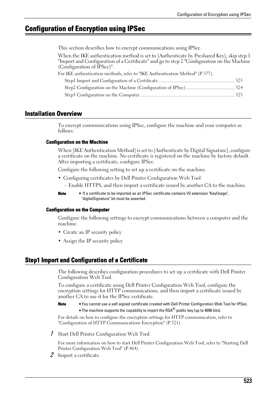 Configuration of encryption using ipsec, Installation overview, Step1 import and configuration of a certificate | Configuration of encryption, Using ipsec" (p.523) | Dell C7765DN MFP Color Laser Printer User Manual | Page 523 / 831