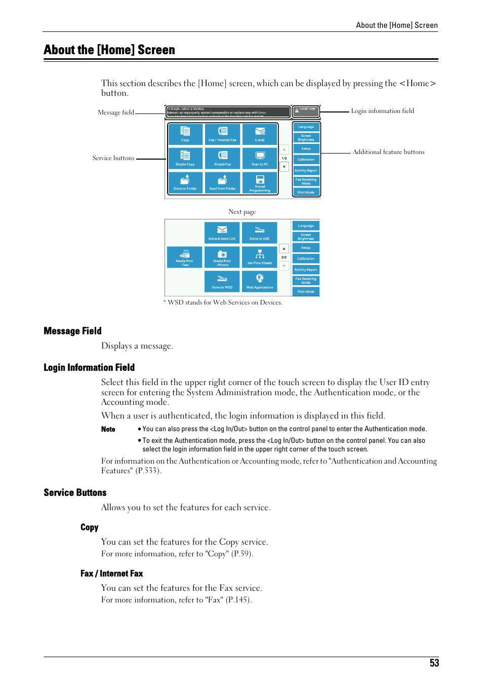 About the [home] screen, About the, Home | Dell C7765DN MFP Color Laser Printer User Manual | Page 53 / 831