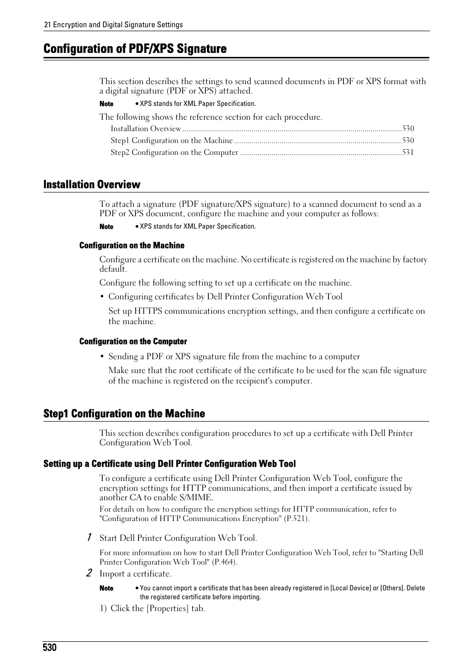 Configuration of pdf/xps signature, Installation overview, Step1 configuration on the machine | Dell C7765DN MFP Color Laser Printer User Manual | Page 530 / 831