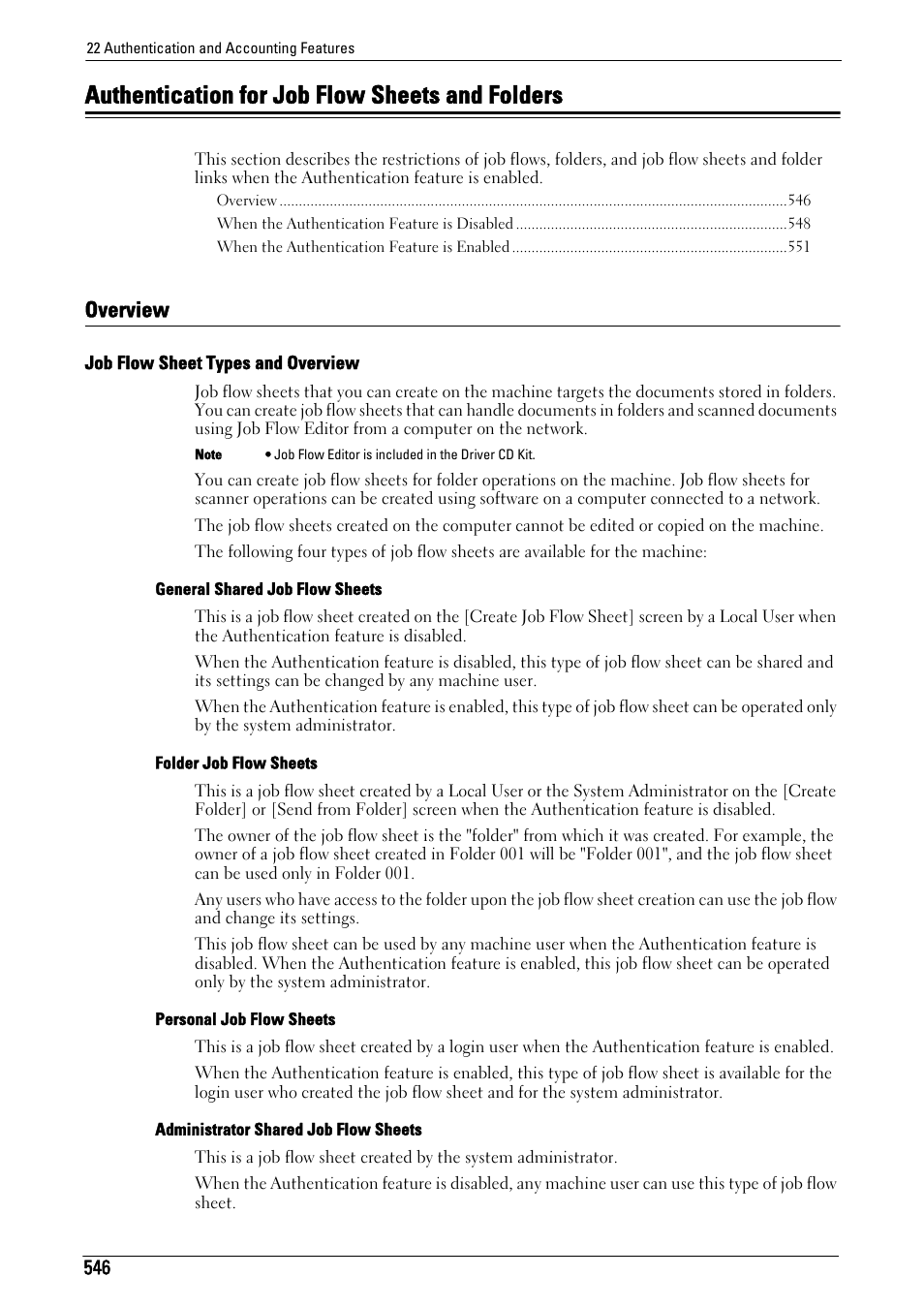 Authentication for job flow sheets and folders, Overview, To "job flow sheet | Types and overview" (p.546), P.546) | Dell C7765DN MFP Color Laser Printer User Manual | Page 546 / 831