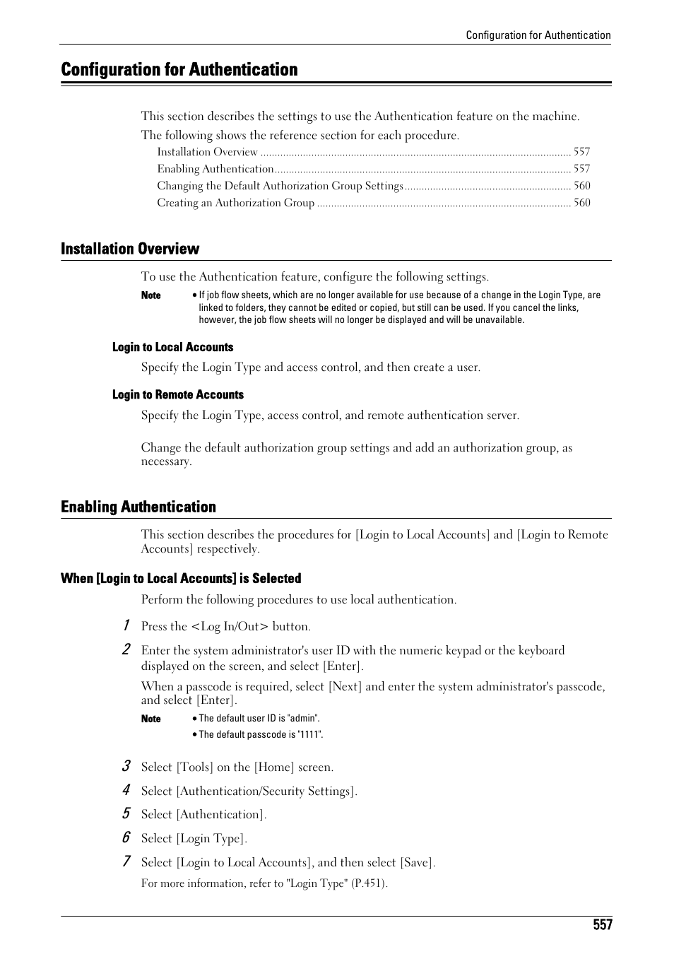 Configuration for authentication, Installation overview, Enabling authentication | To "configuration for authentication, P.557) | Dell C7765DN MFP Color Laser Printer User Manual | Page 557 / 831