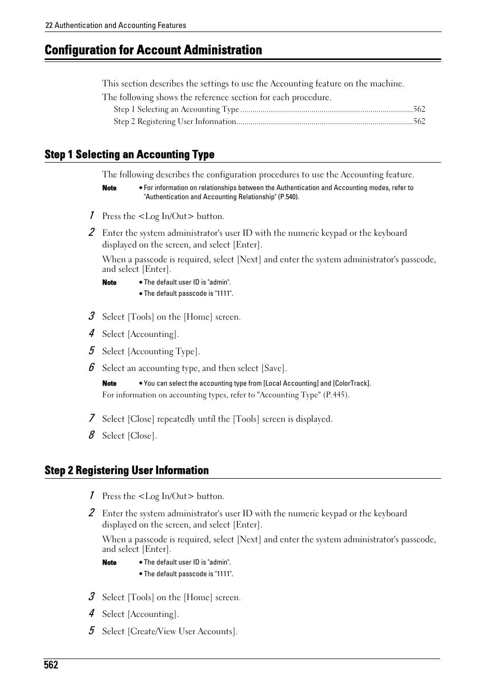 Configuration for account administration, Step 1 selecting an accounting type, Step 2 registering user information | Dell C7765DN MFP Color Laser Printer User Manual | Page 562 / 831