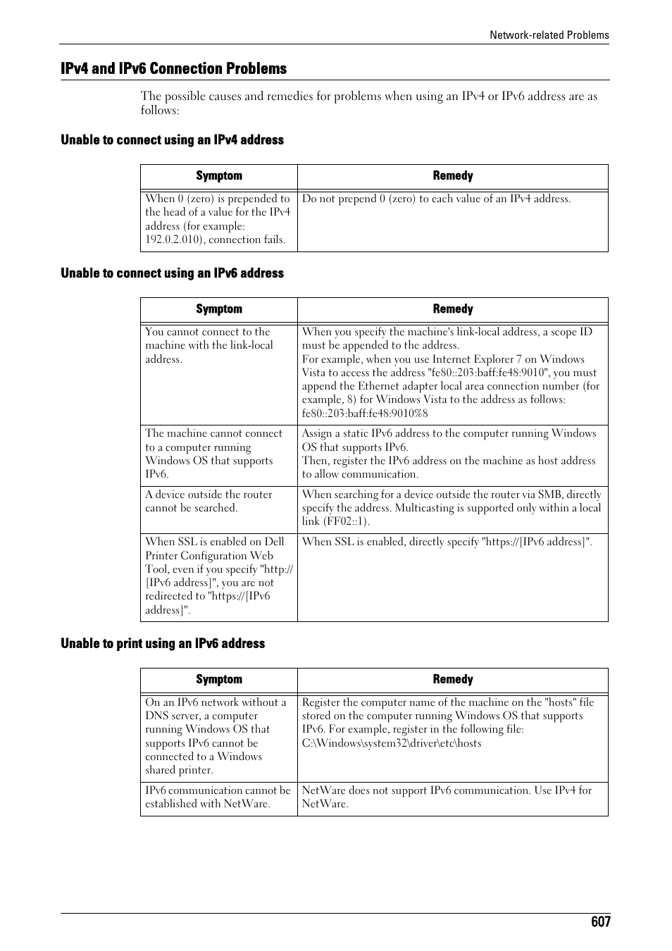 Ipv4 and ipv6 connection problems | Dell C7765DN MFP Color Laser Printer User Manual | Page 607 / 831