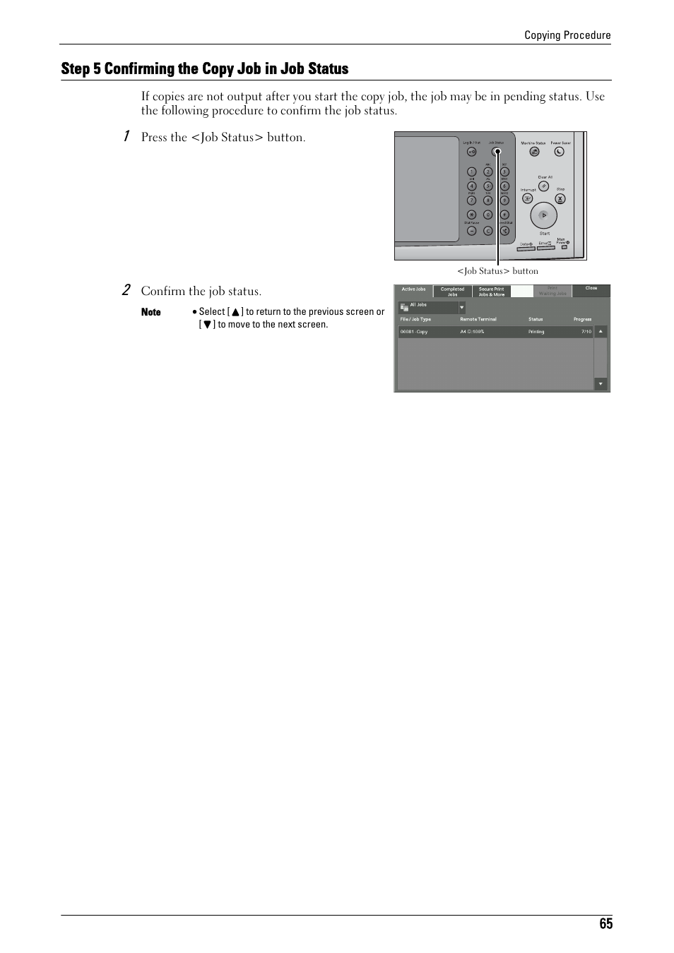 Step 5 confirming the copy job in job status | Dell C7765DN MFP Color Laser Printer User Manual | Page 65 / 831