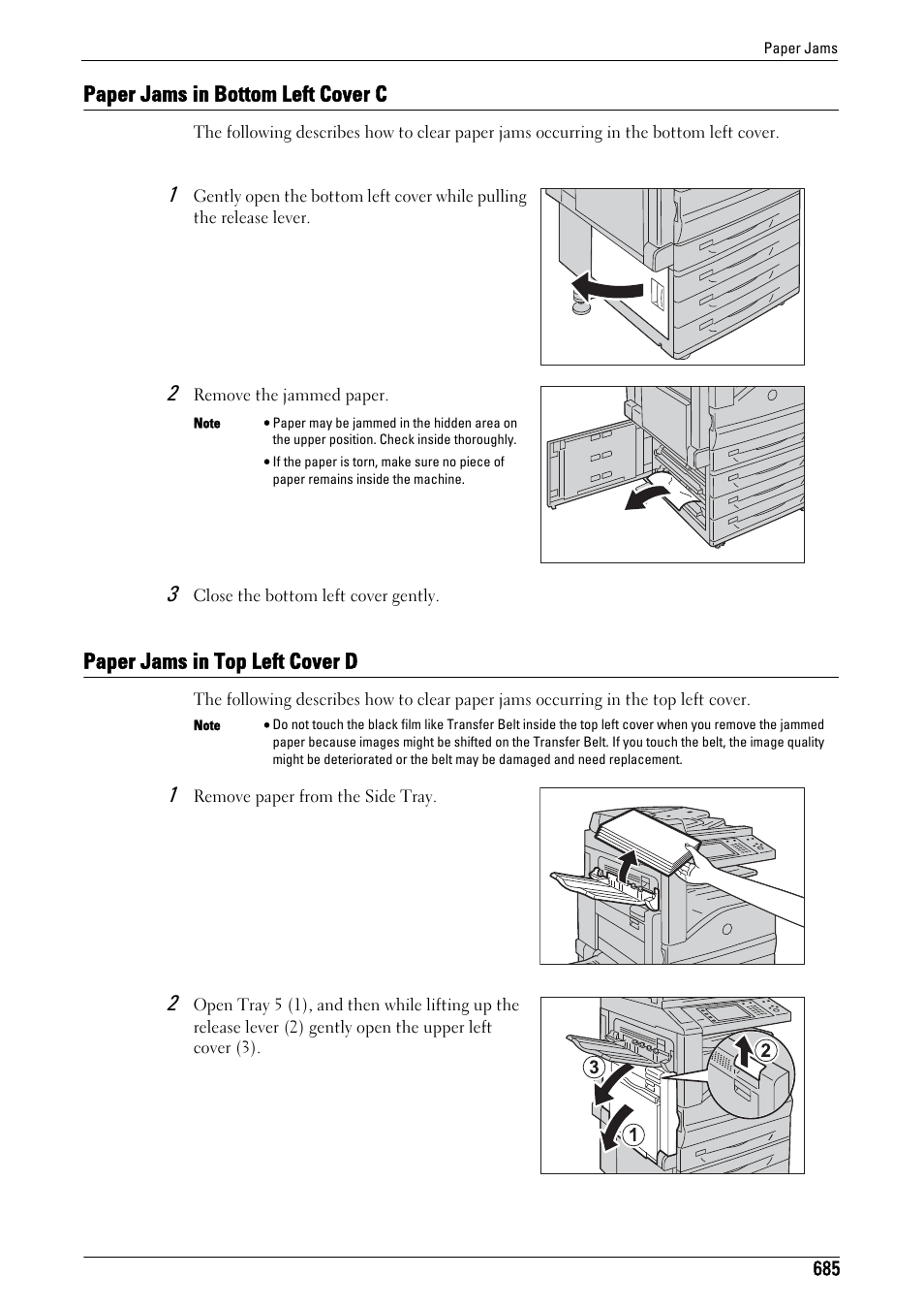 Paper jams in bottom left cover c, Paper jams in top left cover d | Dell C7765DN MFP Color Laser Printer User Manual | Page 685 / 831