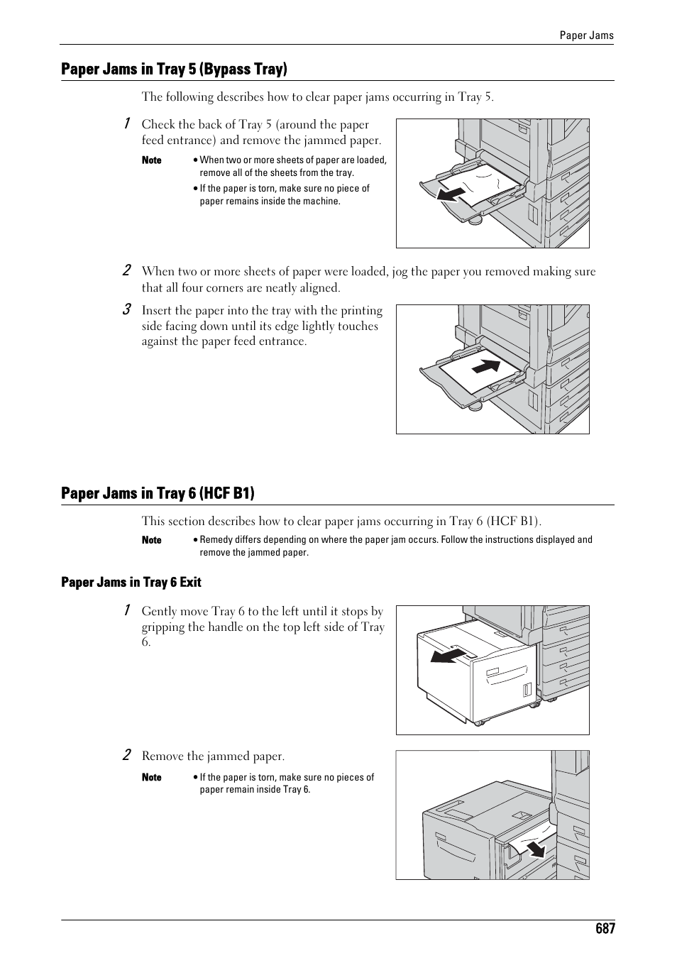 Paper jams in tray 5 (bypass tray), Paper jams in tray 6 (hcf b1) | Dell C7765DN MFP Color Laser Printer User Manual | Page 687 / 831