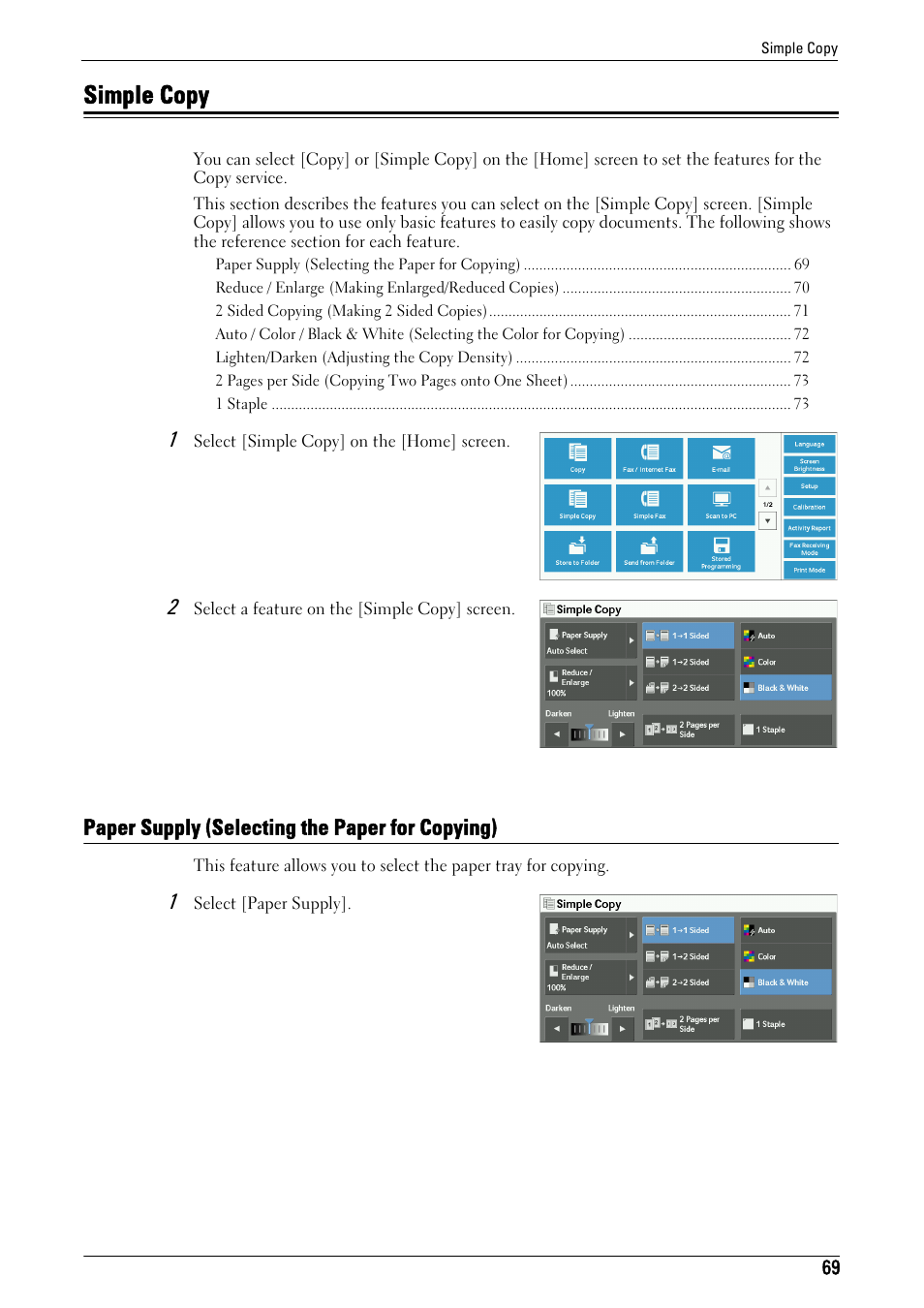 Simple copy, Paper supply (selecting the paper for copying), Paper supply (selecting the | Dell C7765DN MFP Color Laser Printer User Manual | Page 69 / 831