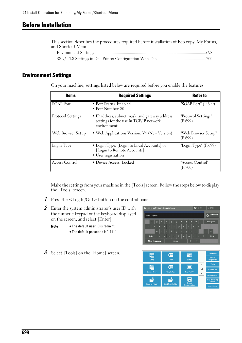 Before installation, Environment settings | Dell C7765DN MFP Color Laser Printer User Manual | Page 698 / 831